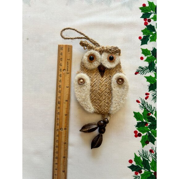 Handmade Burlap Rustic Owl Ornament Twine Hanger Wooden Beads Rustic Decor - Picture 3 of 3